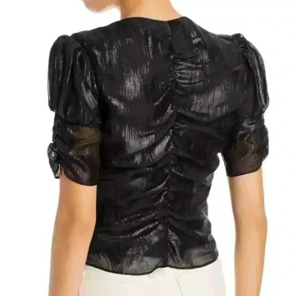 NWOT FRAME Ruched Sleeve Keyhole Top Metallic Silk Blend Black Size XS - Picture 2 of 12